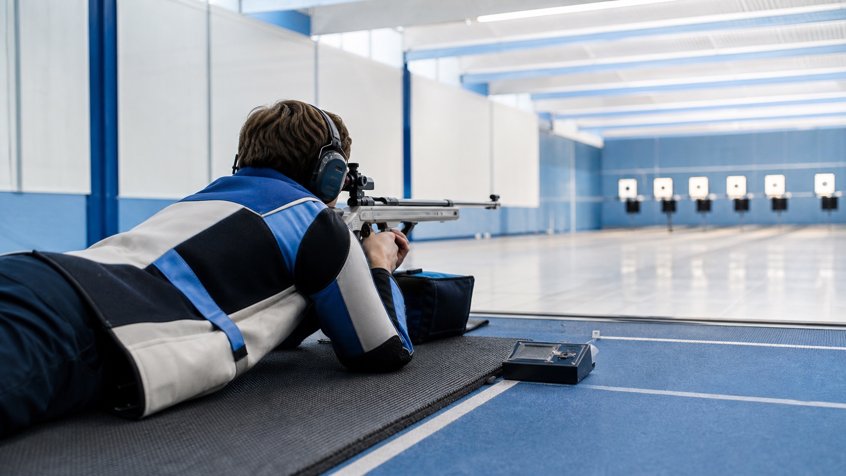 A student shooting a smallbore target rifle prone on an indoor range